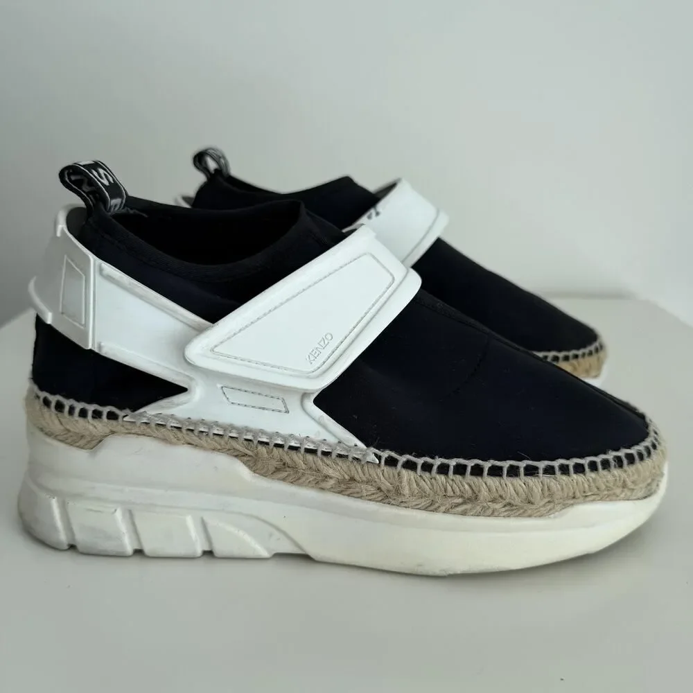 Kenzo Espadrille Sneakers Womens 8.5 EU 39 Black White Platform Rope Slip On